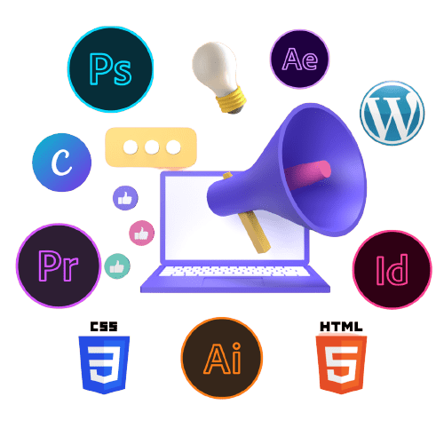 Logos de logiciels pour graphiste et webdesigner, qui sortent d'un ordinateur